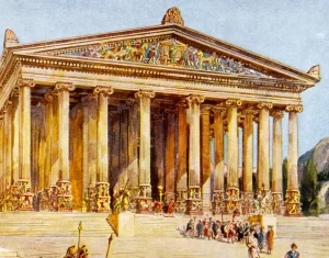 Known as the largest Greek temple ever built, the Temple of Artemis was built in 1869 by J.T. It was discovered by Wood.